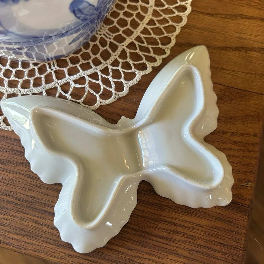 Vintage 1960s Butterfly Trinket Dish Candy Tray White Japan Porcelain Decor
